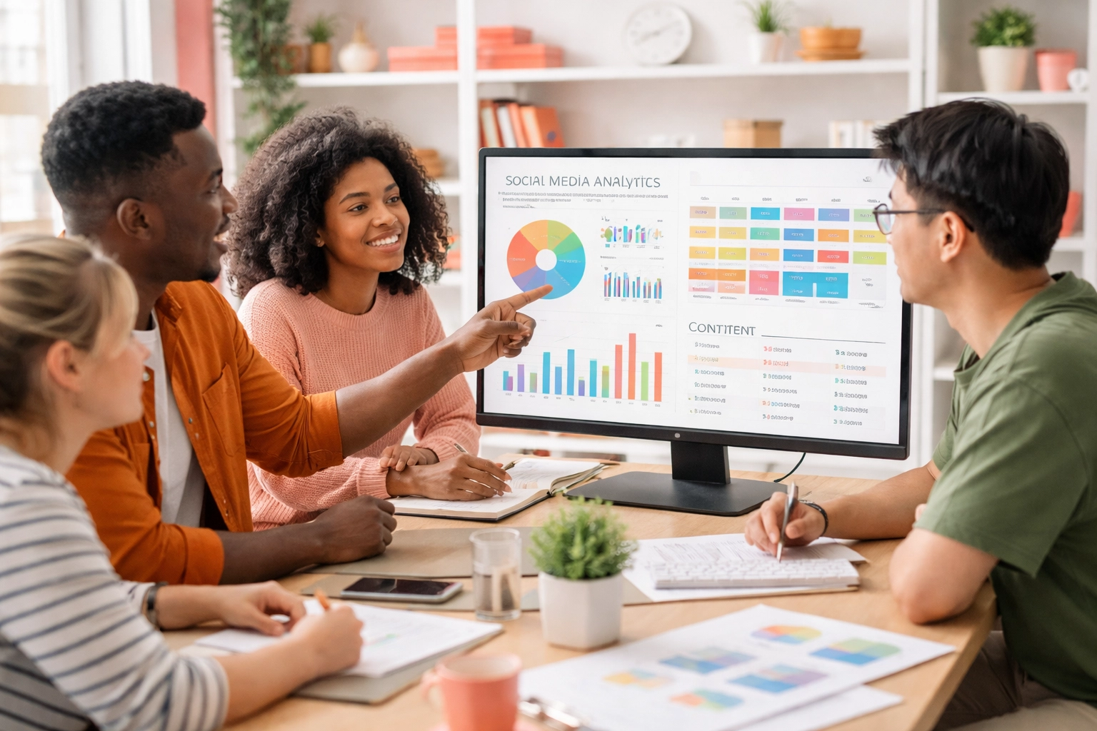 Creative team collaborating on social media analytics and planning in a bright modern workspace