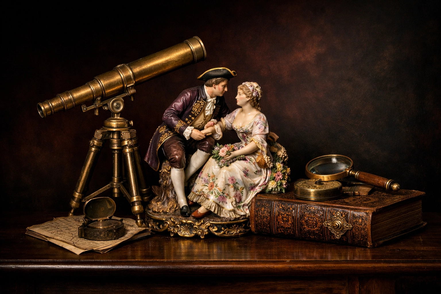 Unique vintage collectibles including a brass telescope and antique books at Blair House.