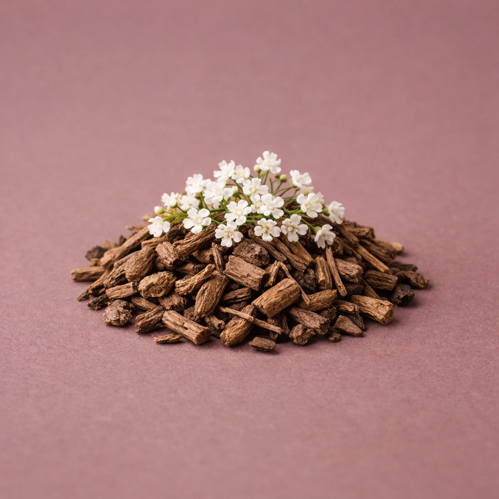 Dried valerian root pieces and white flowers used in herbal supplements for sleep.