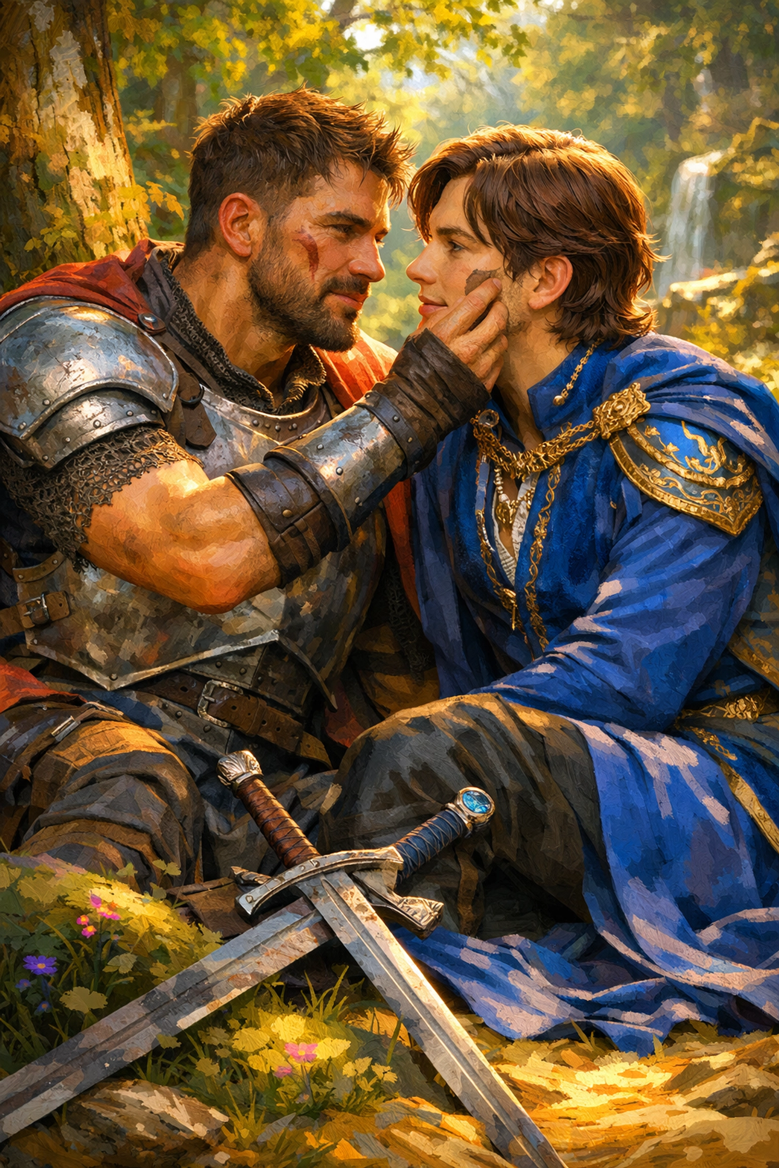 Warrior and prince in a tender forest moment, common in gay fantasy romance stories.