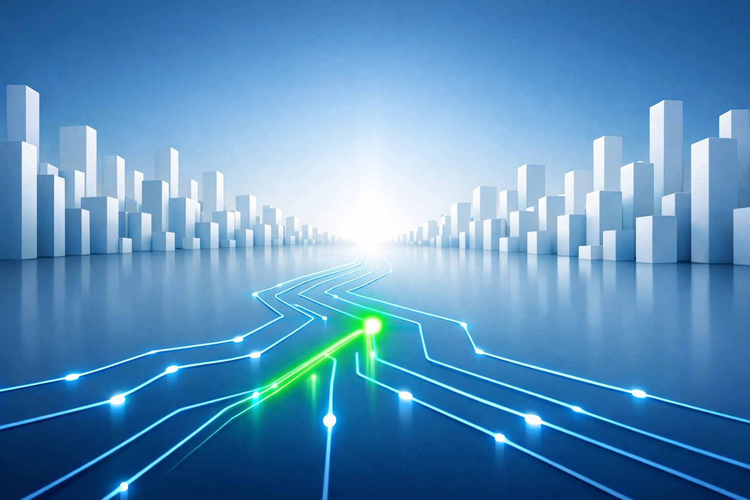 A digital circuit path leading to a bright horizon, representing a clear AI strategy roadmap.