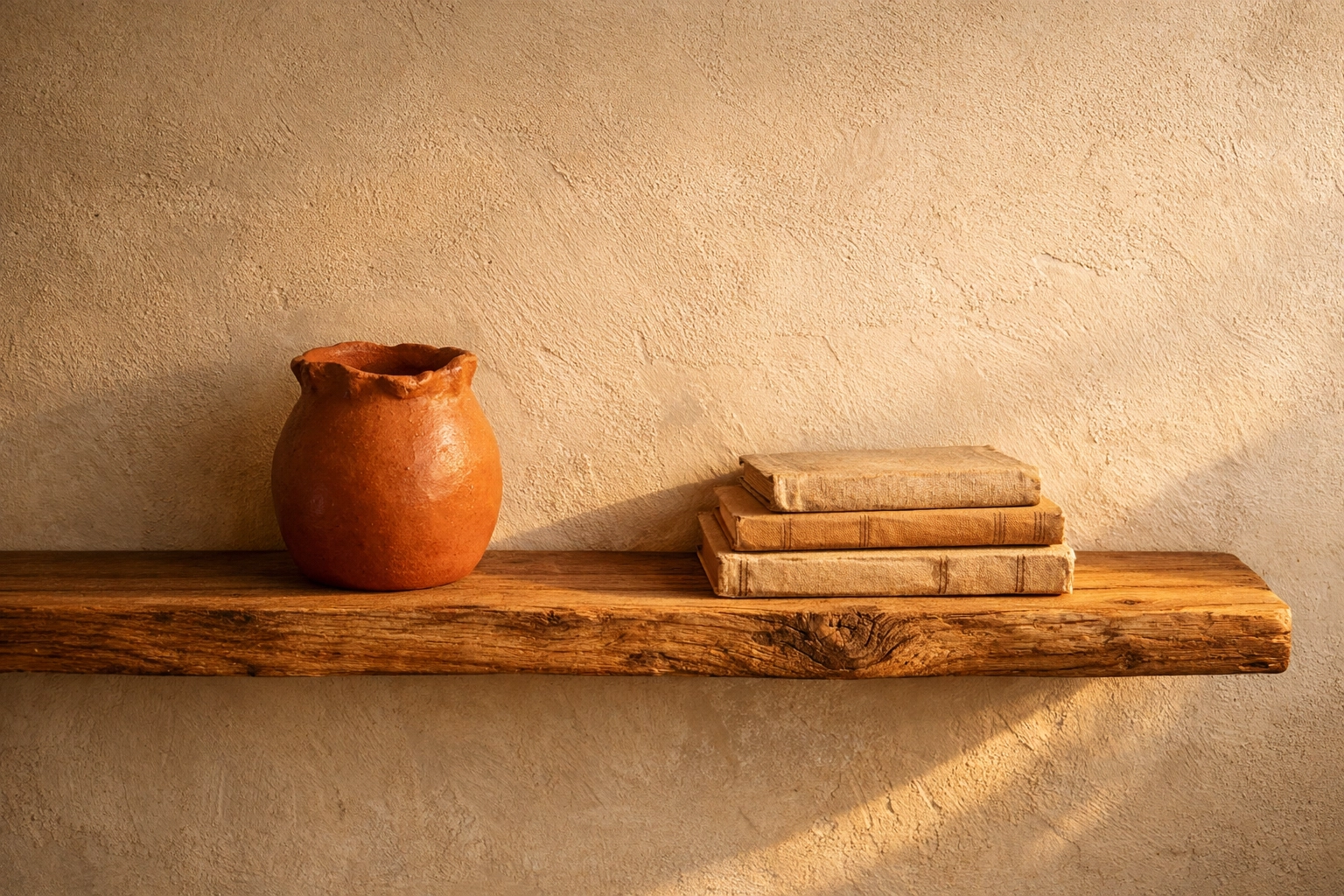 Handcrafted ceramic vase and vintage books on a rustic oak shelf in a curated home living gallery.