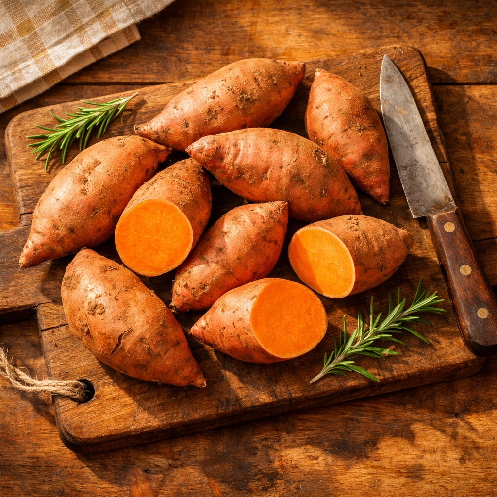 Fresh sweet potatoes on wooden cutting board with rosemary in Southern kitchen