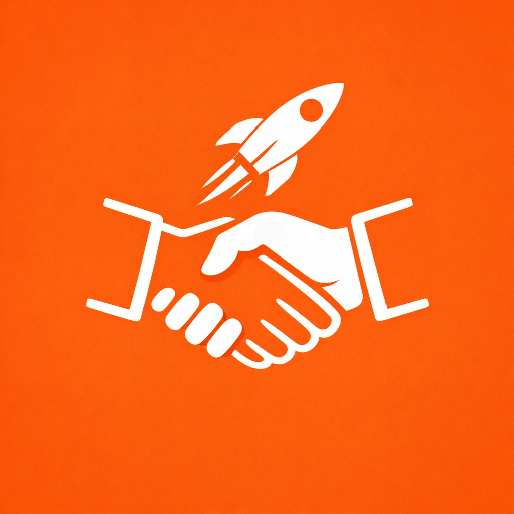 A professional handshake and rocket icon representing a successful website redesign partnership.