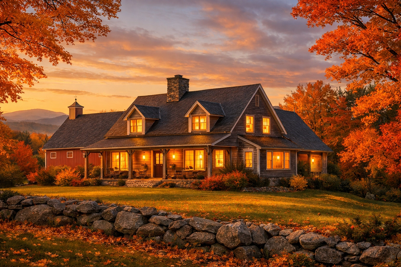 A secure New Hampshire home in autumn protected by Norway Hill professional radon testing and inspection.