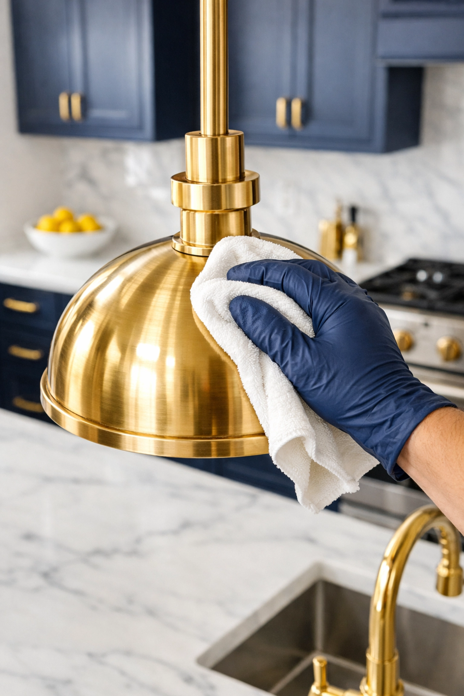 Professional cleaning expert polishing a light fixture during a post-construction cleaning in a Maynard kitchen.