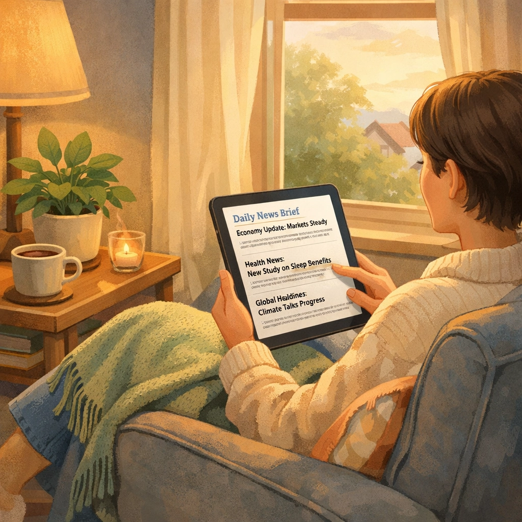 Person peacefully reading condensed news summaries on tablet in comfortable reading nook