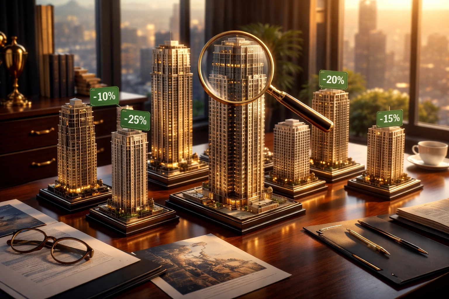 Miniature luxury building models with discount tags, highlighting real estate secondary fund investment analysis for accredited investors.