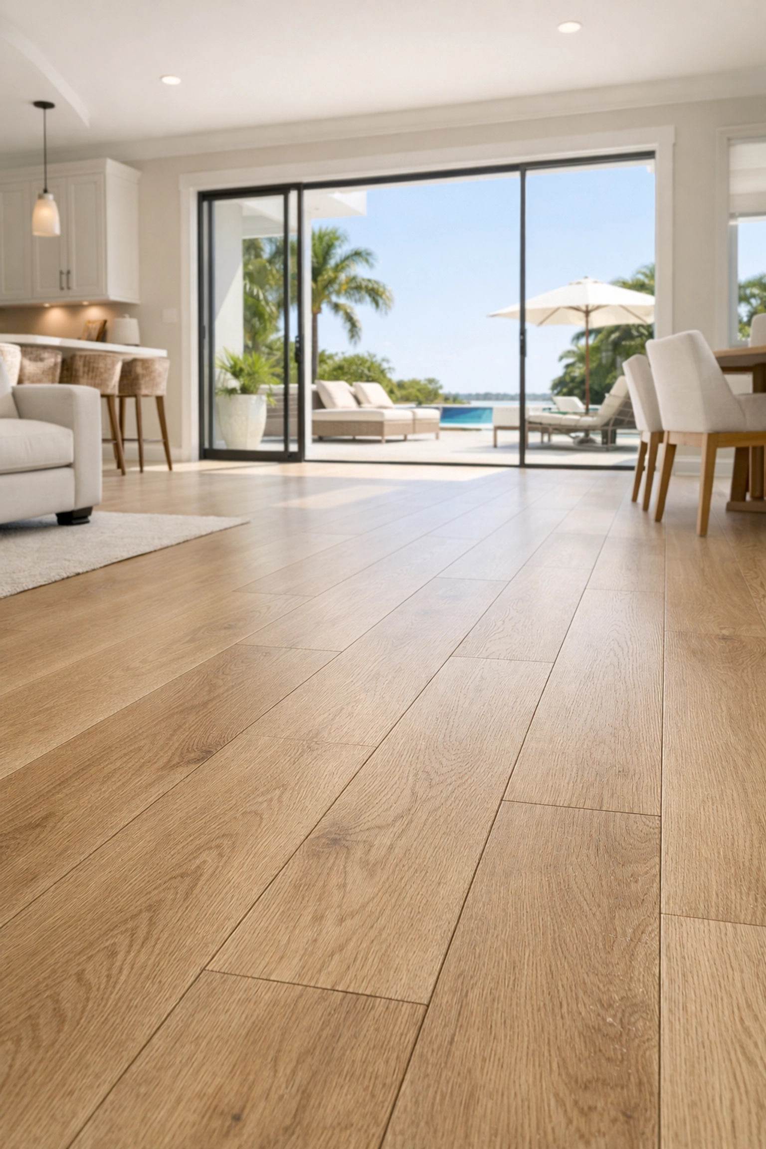 Modern water-resistant luxury vinyl flooring installed in a bright Orlando home renovation.
