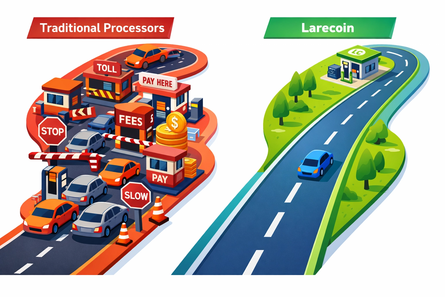 Fee comparison showing traditional payment processor costs versus Larecoin crypto payments