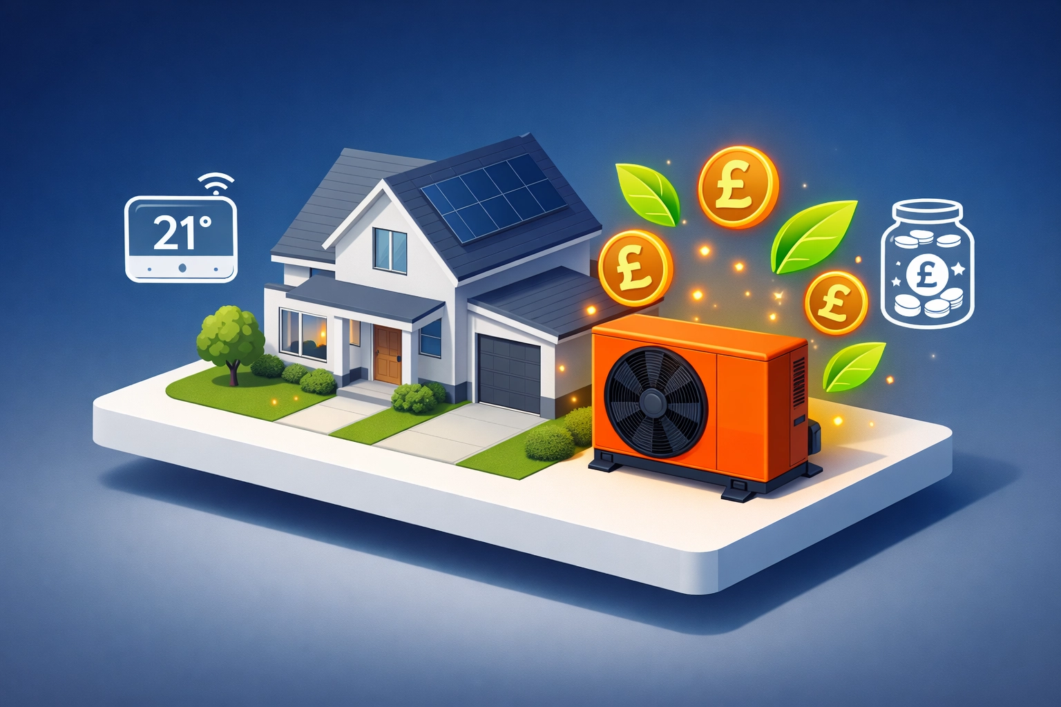 Isometric illustration showing financial grants for air source heat pump installation in an eco-friendly home.