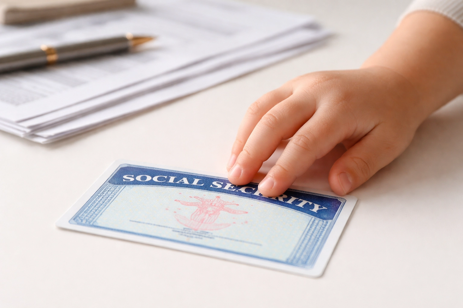 Child placing a Social Security card on a desk with tax forms, highlighting eligibility for the Child Tax Credit.