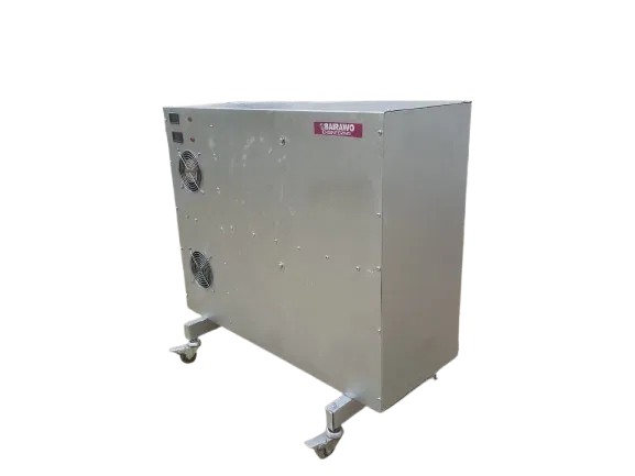 Industrial-grade Obairawo 100KVA Fuelless Generator in stainless steel with heavy-duty caster wheels.