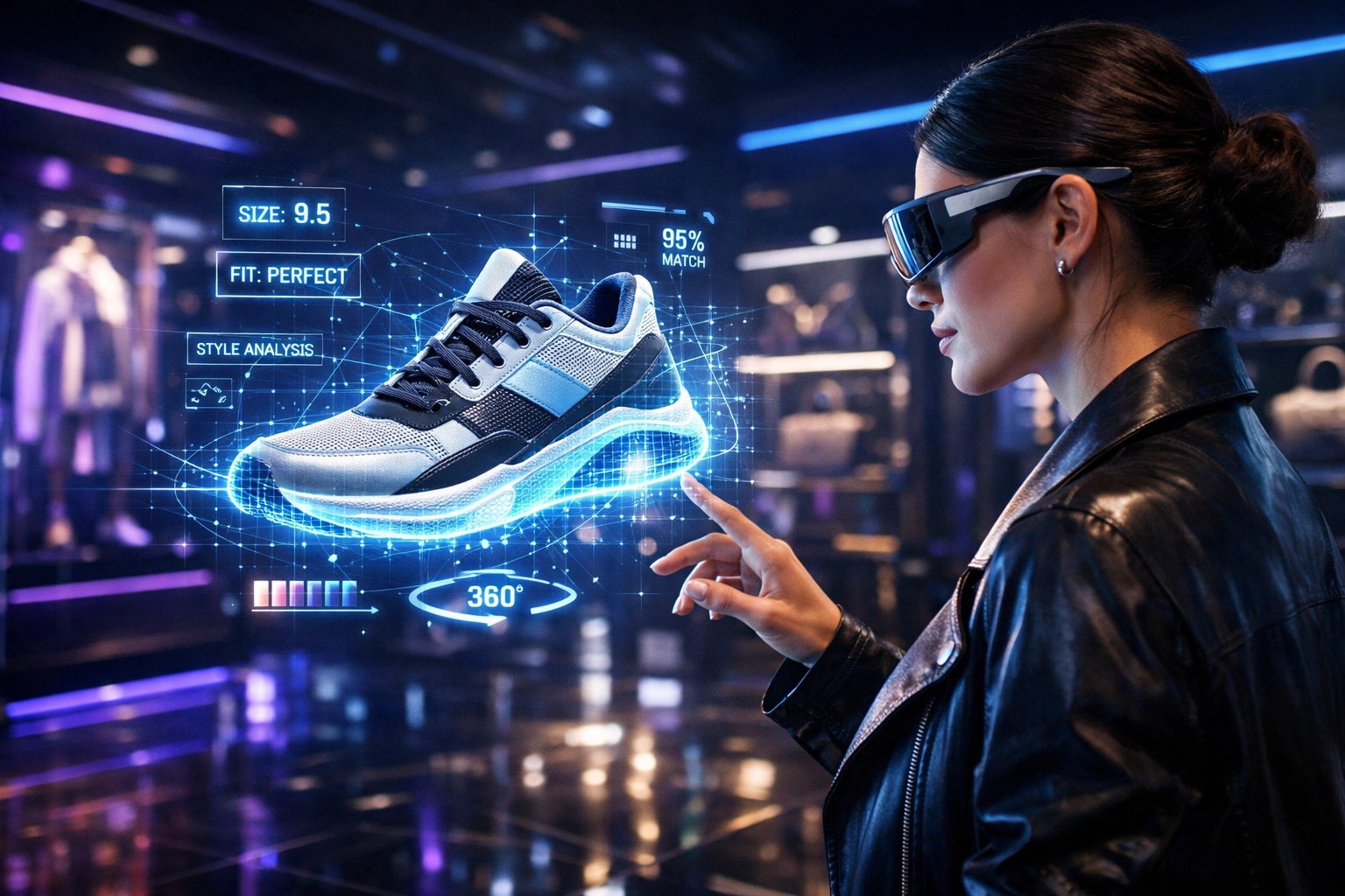 Customer using AI-powered AR glasses for a virtual try-on of shoes in a Web3 metaverse shopping boutique.