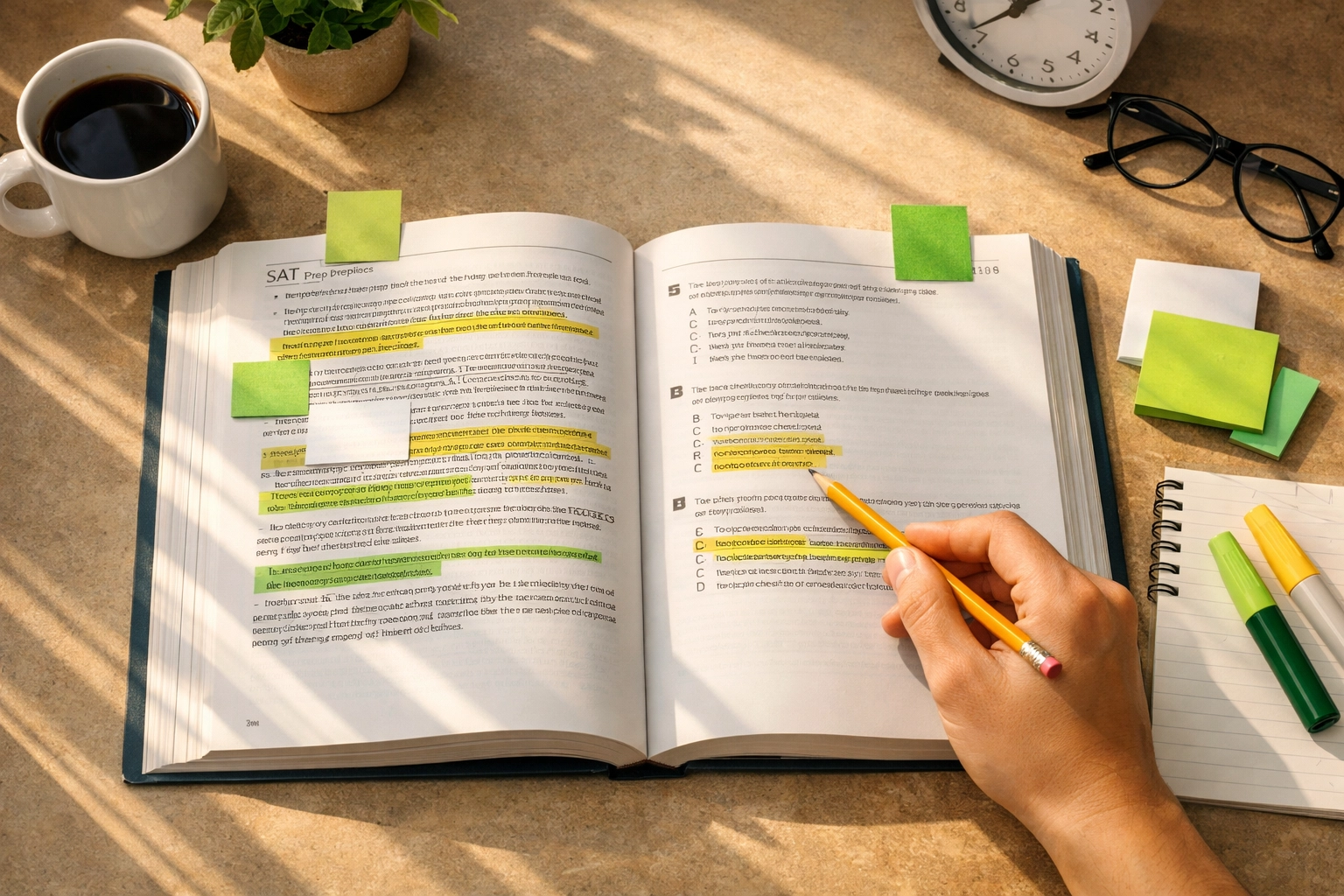 Student highlighting SAT reading passages with sticky notes for command of evidence practice