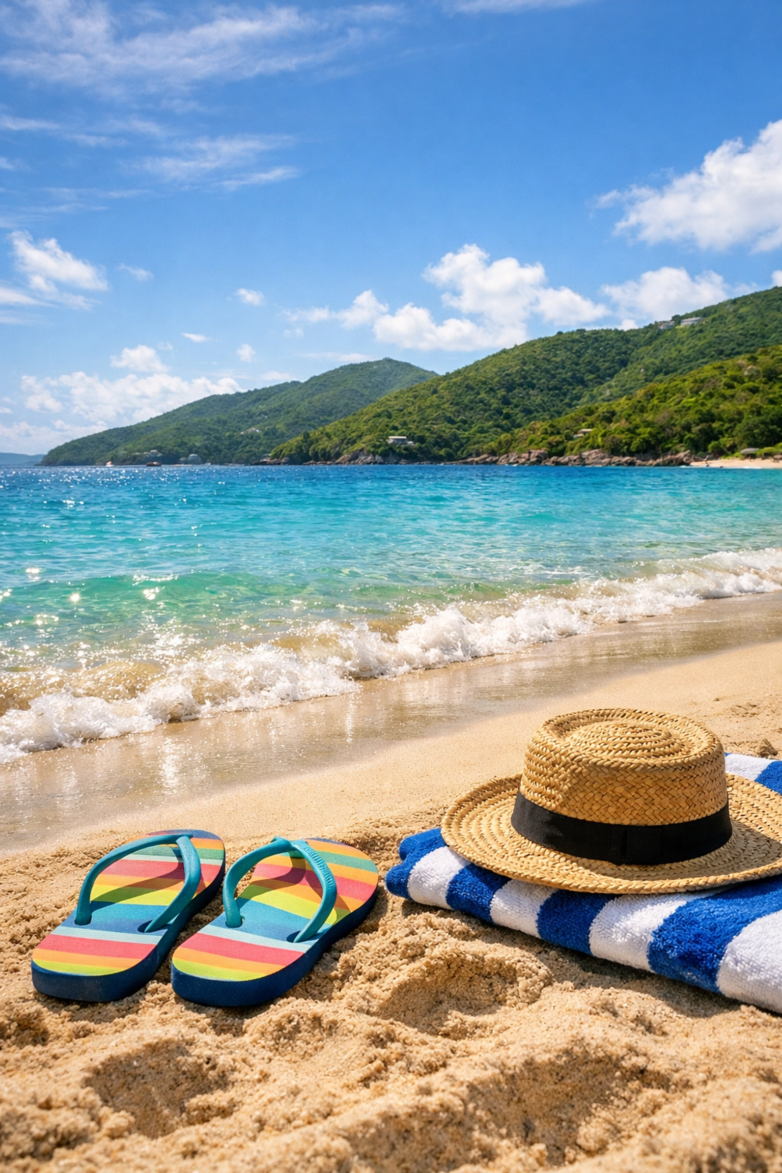 Serene St. Thomas beach with turquoise water and sand, showing affordable local island life in usvi.