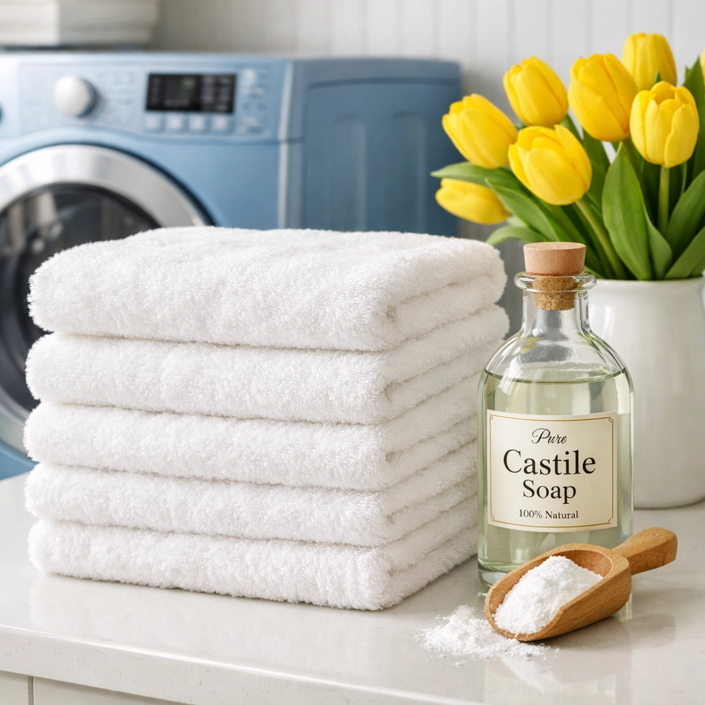 Fluffy towels and Castile soap in a bright laundry room, highlighting non-toxic green cleaning laundry tips.