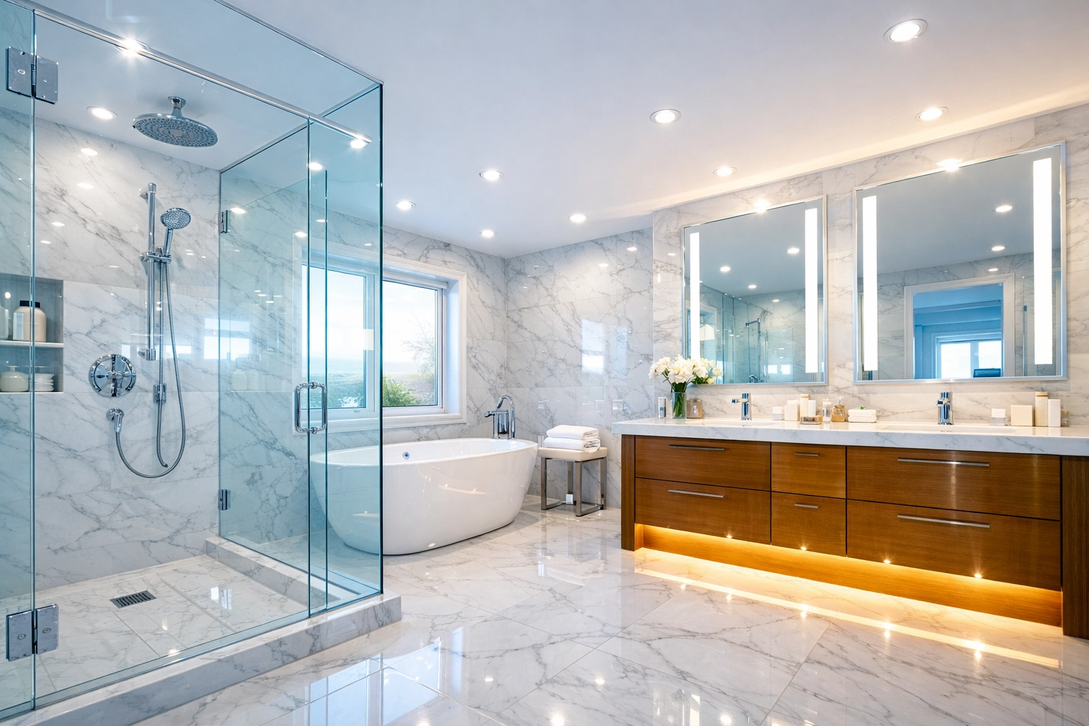 Deep cleaning Worcester results in a luxury bathroom with sanitized surfaces and sparkling fixtures.