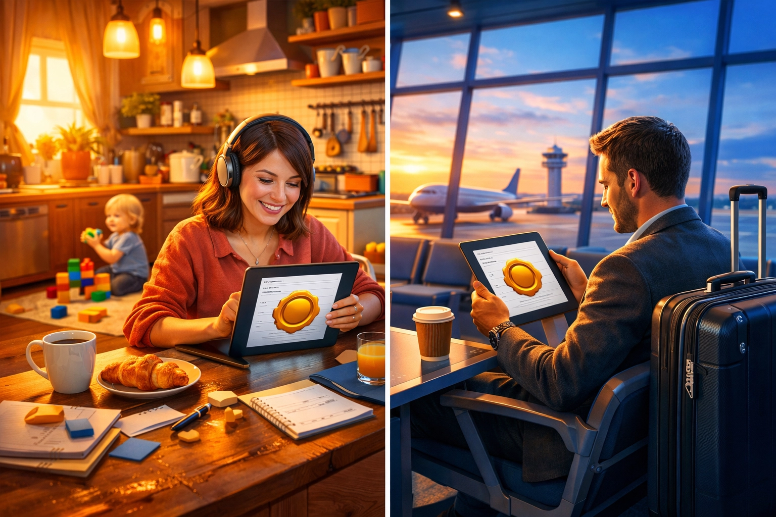 Remote notarization services being used by a parent at home and a professional traveler at an airport.