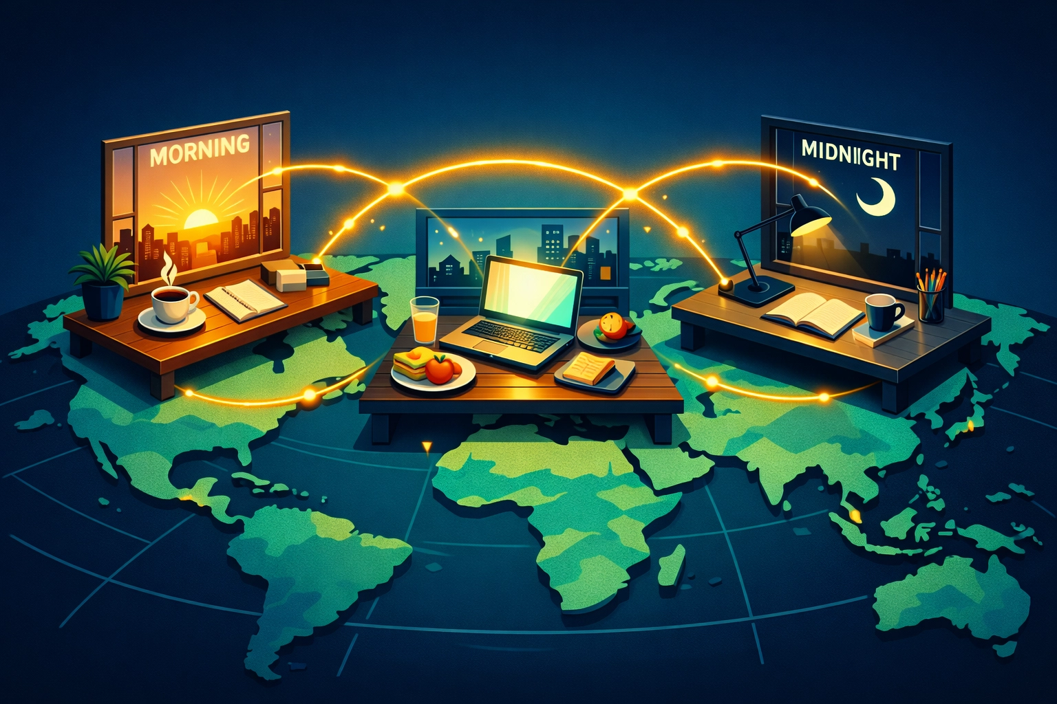 Illustration of global business hubs New York, London, and Tokyo to find the best time for calls.