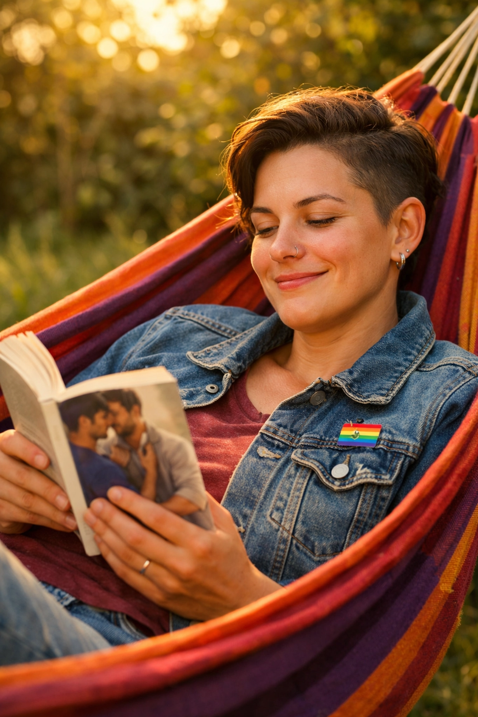 A peaceful queer person reading a gay romance novel in a hammock, prioritizing mental health and pride.