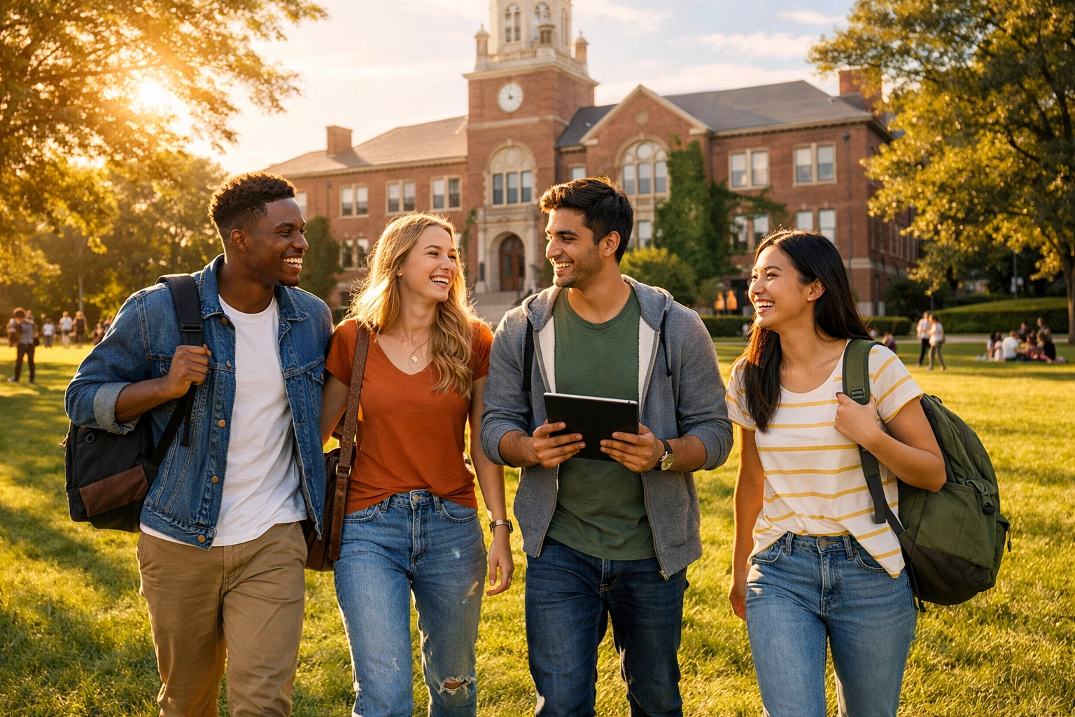 A group of university students walking across campus, representing academic success and growth.