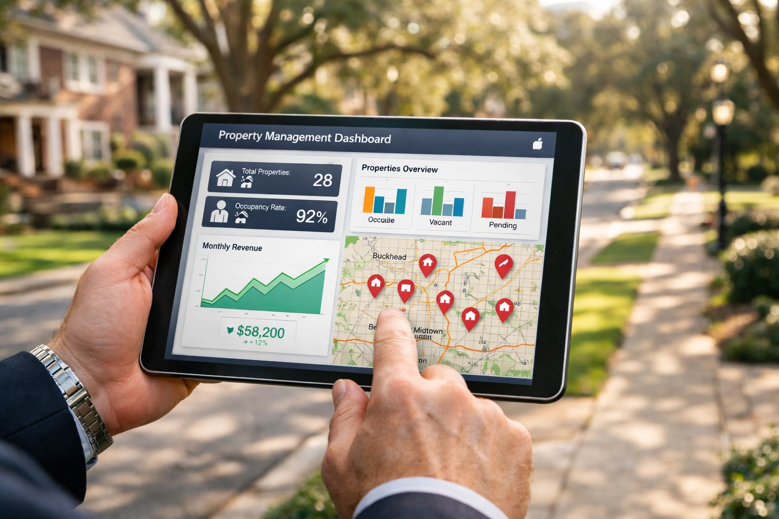 Atlanta property manager using a digital dashboard on a tablet to track real estate investment performance.