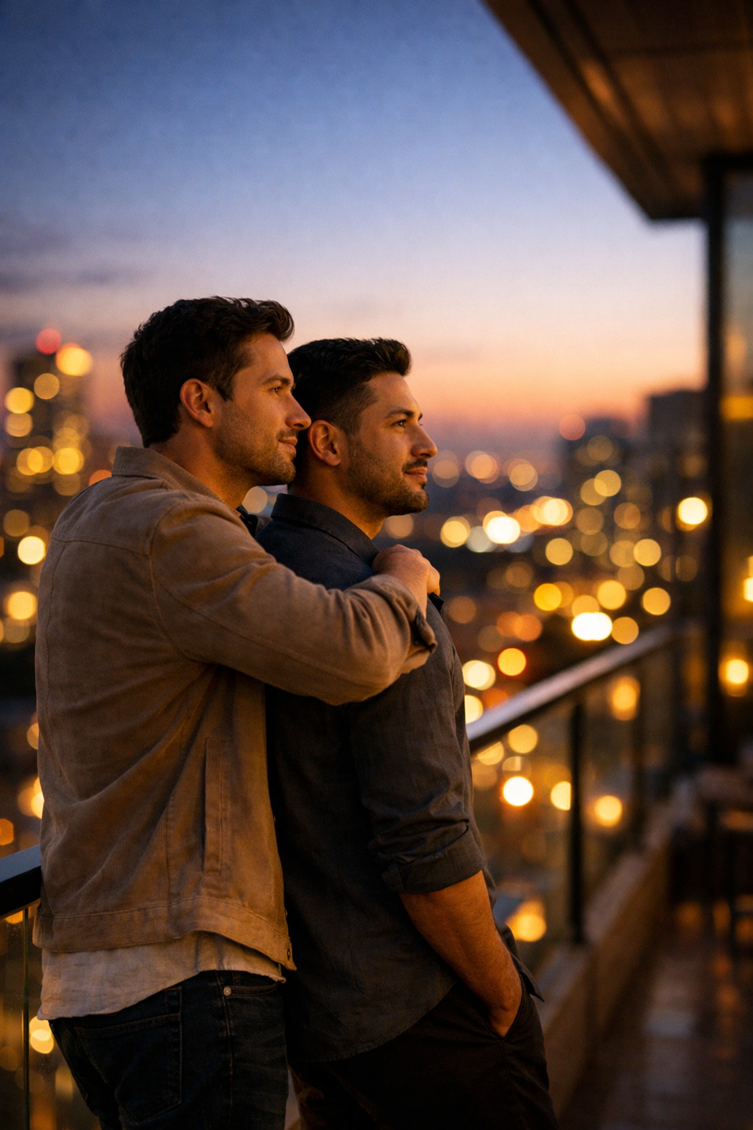 A gay couple reflecting on their relationship milestones together on an urban balcony at sunset.