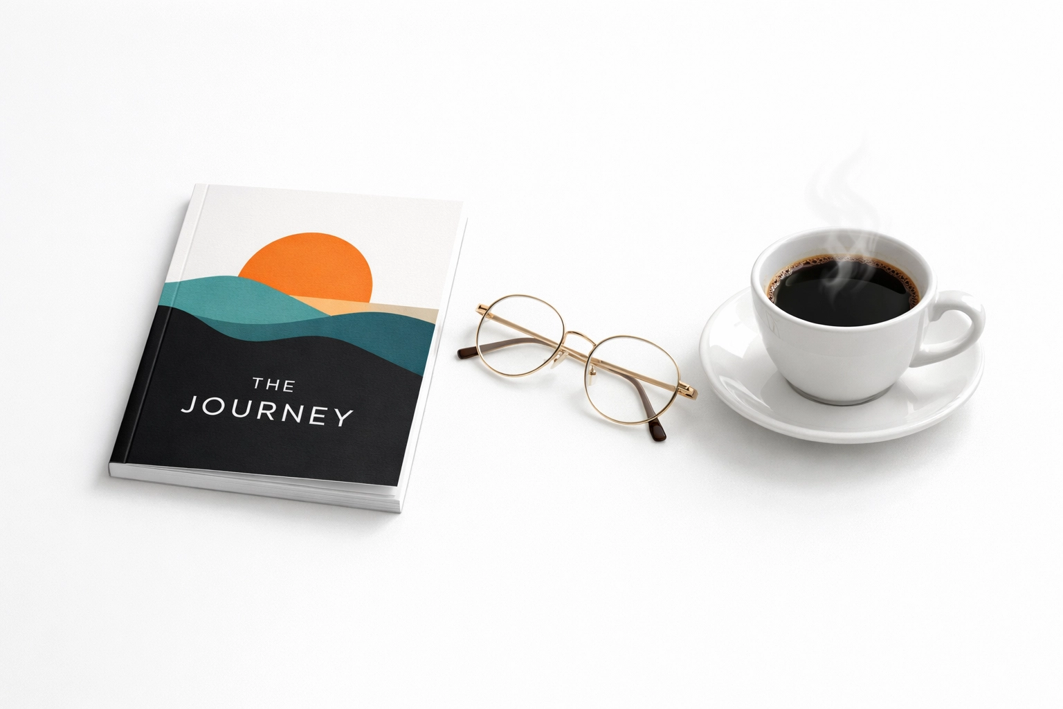 Slim 80-page novella with reading glasses and coffee on minimalist white background