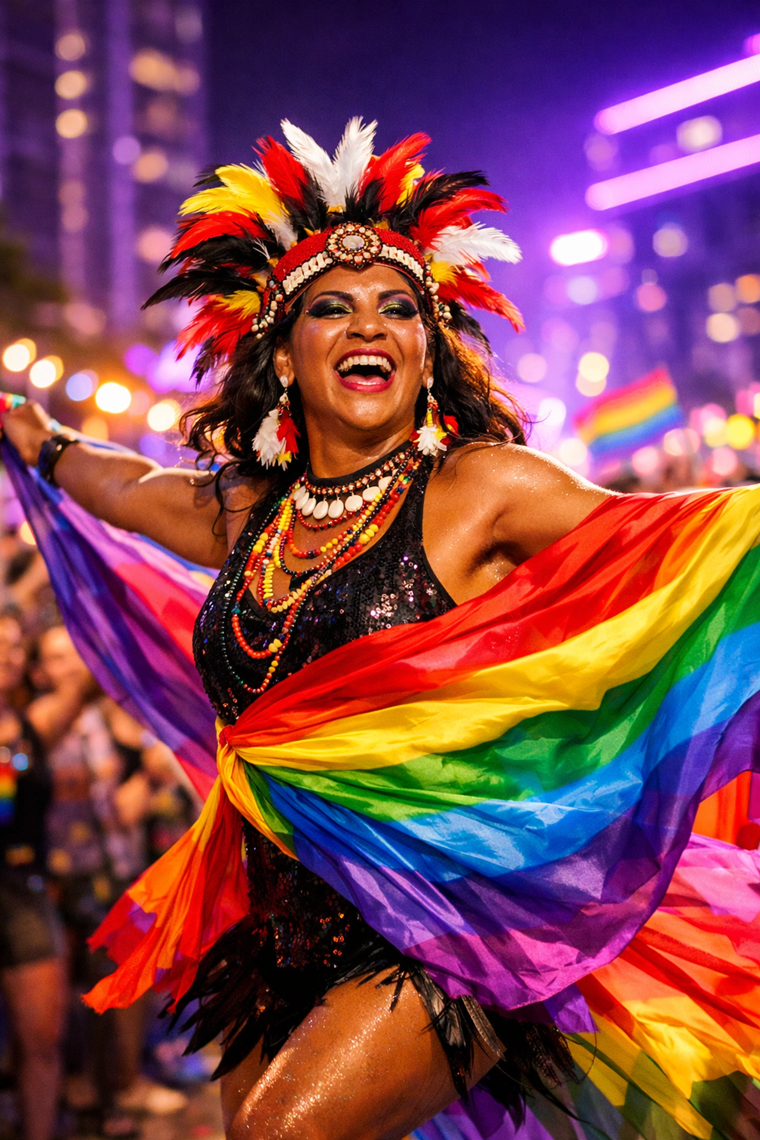 Aboriginal Sistergirl dancing at a Pride event, representing authentic representation and the vibrant spirit of Blak pride.