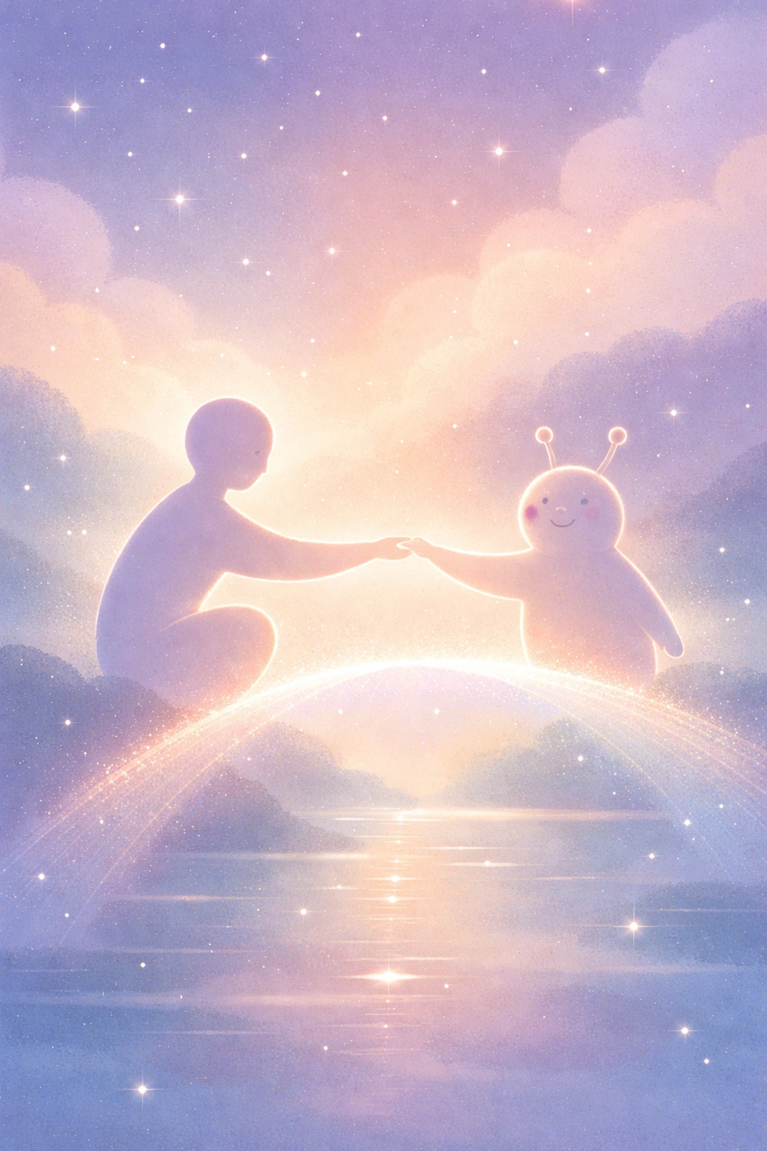 A human and alien silhouette reach across a bridge of light, representing friendship and sacrificial love in Elio.