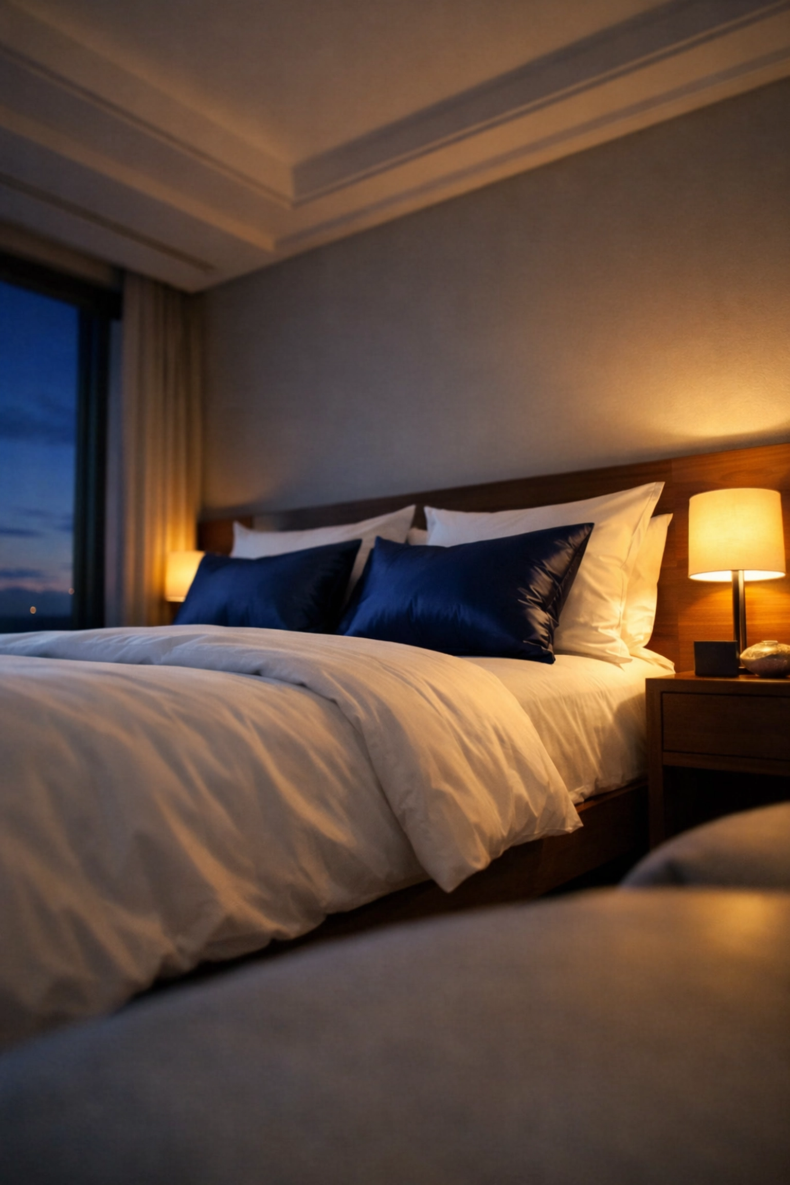 Peaceful bedroom with Crisp White linens and Navy Blue pillows showing professional apartment cleaning.