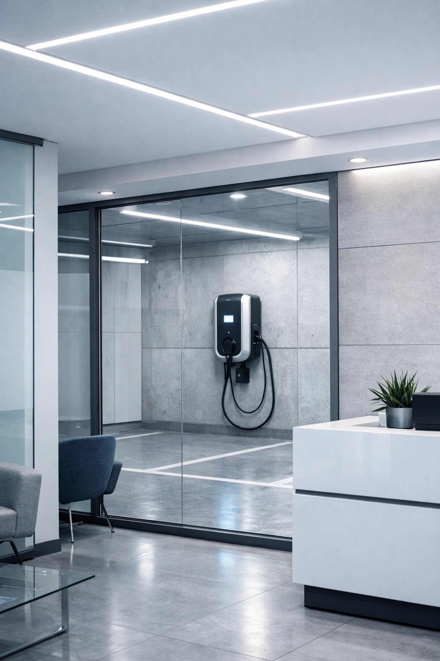 Modern commercial electrical services and EV charging points in a high-end Poole office space.