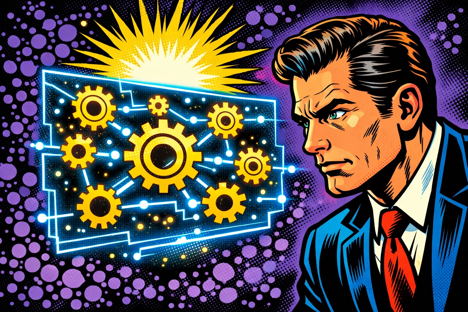 Small business owner visualizing workflow automation with organized digital gears.