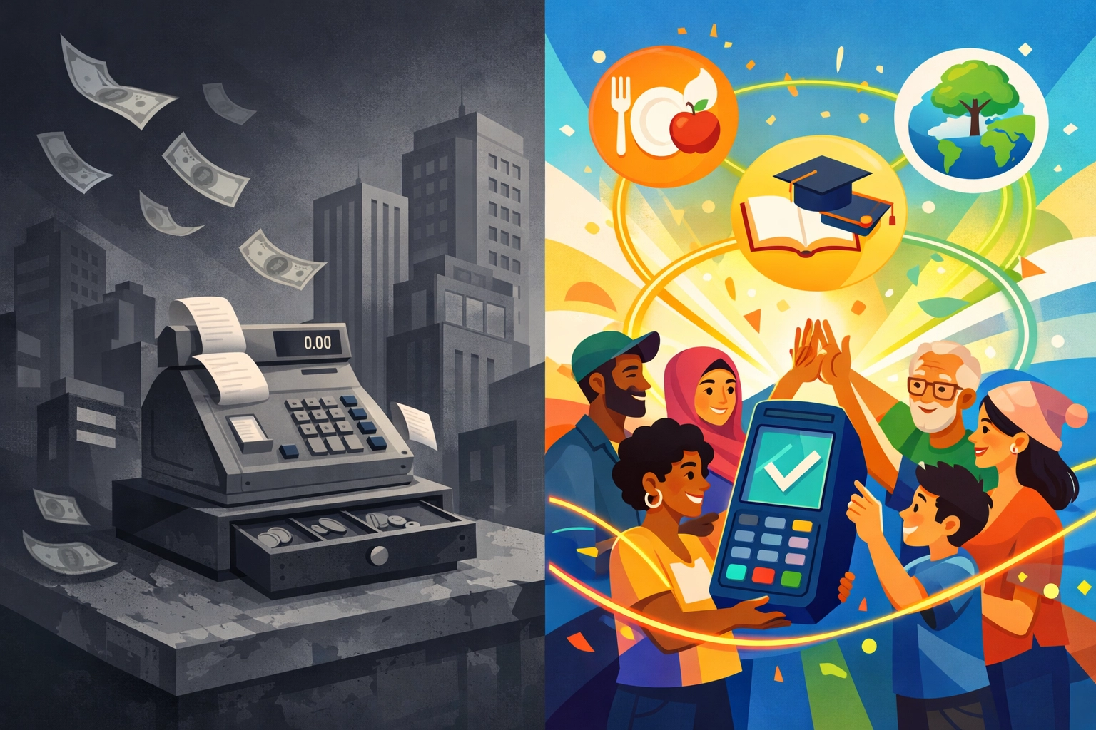 Traditional payment processor vs Larecoin community hub showing fee reduction and social impact benefits