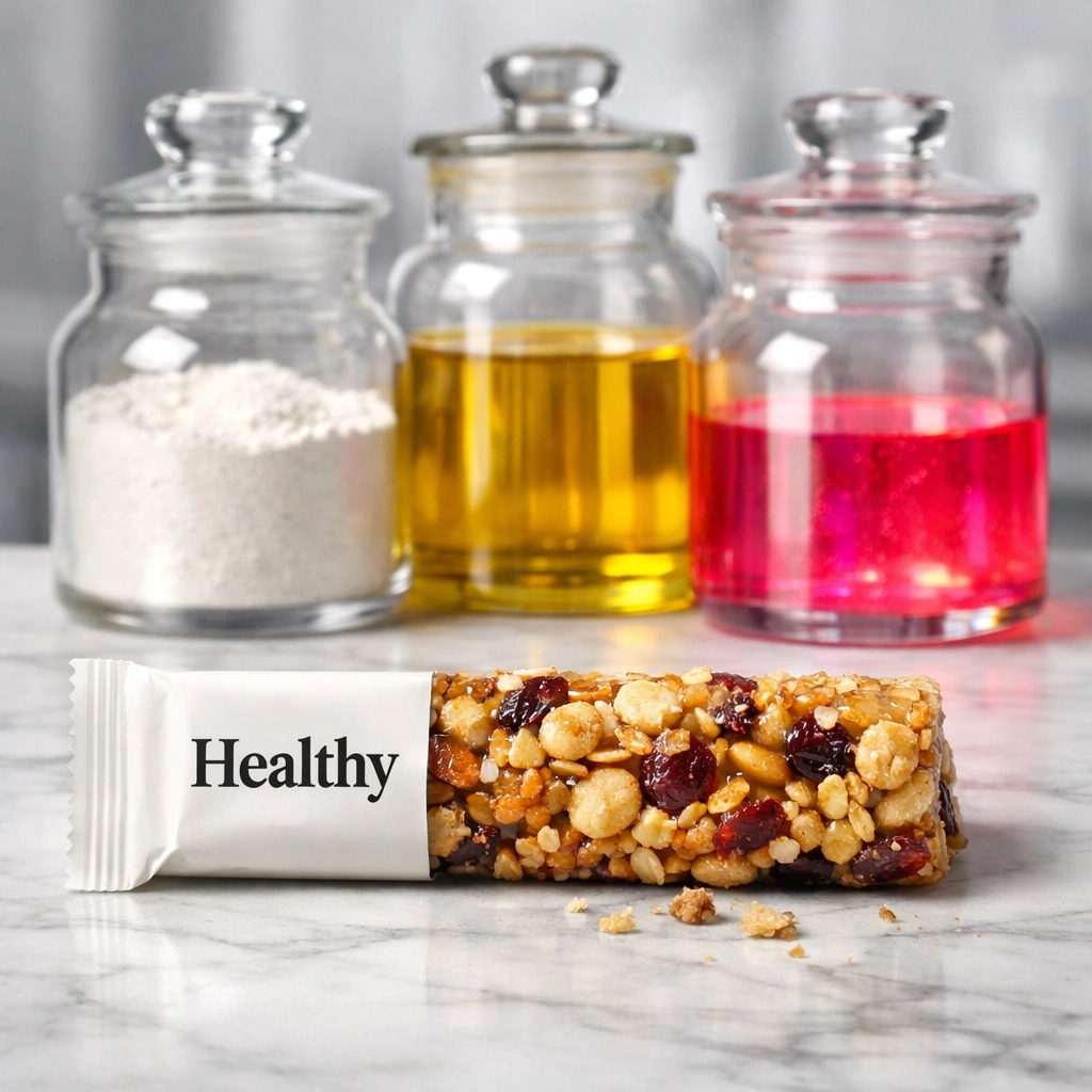 A snack bar shown with hidden industrial chemicals and additives used in ultra-processed food production.