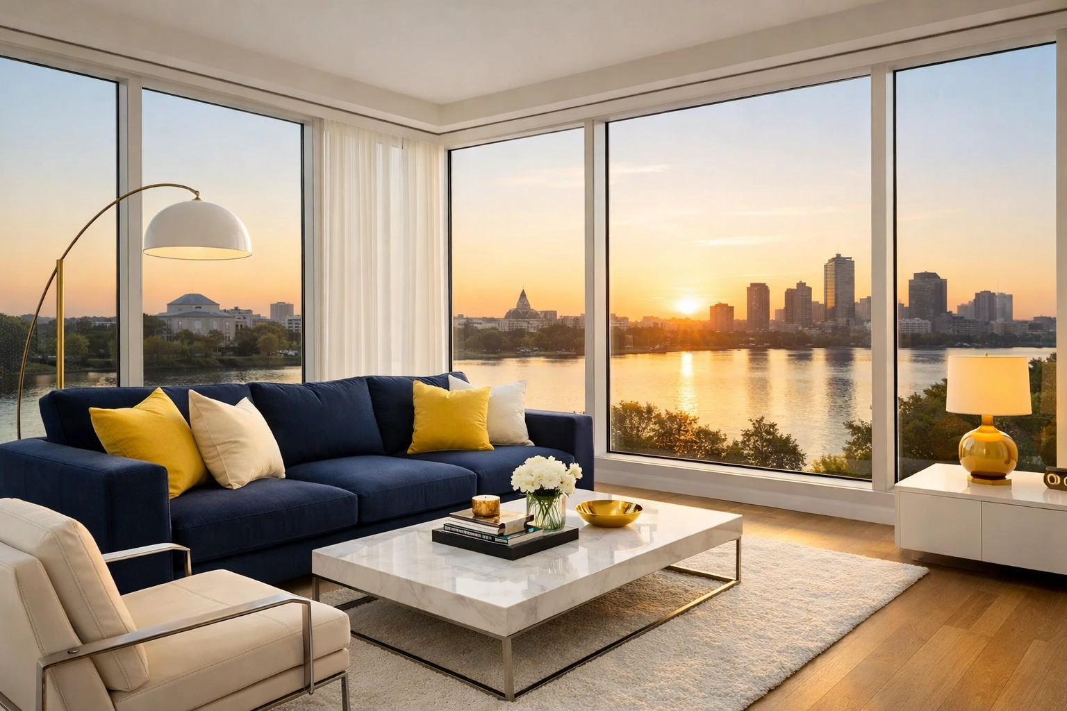 Pristine living room in an East Cambridge luxury condo, showcasing professional house cleaning Cambridge MA results.