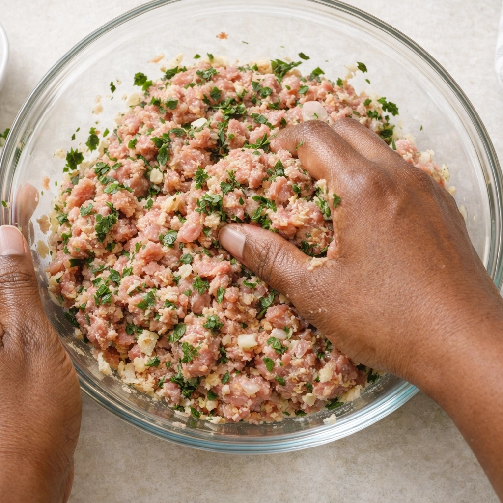 African American hands mixing ground turkey meatball ingredients with herbs and garlic in a glass bowl