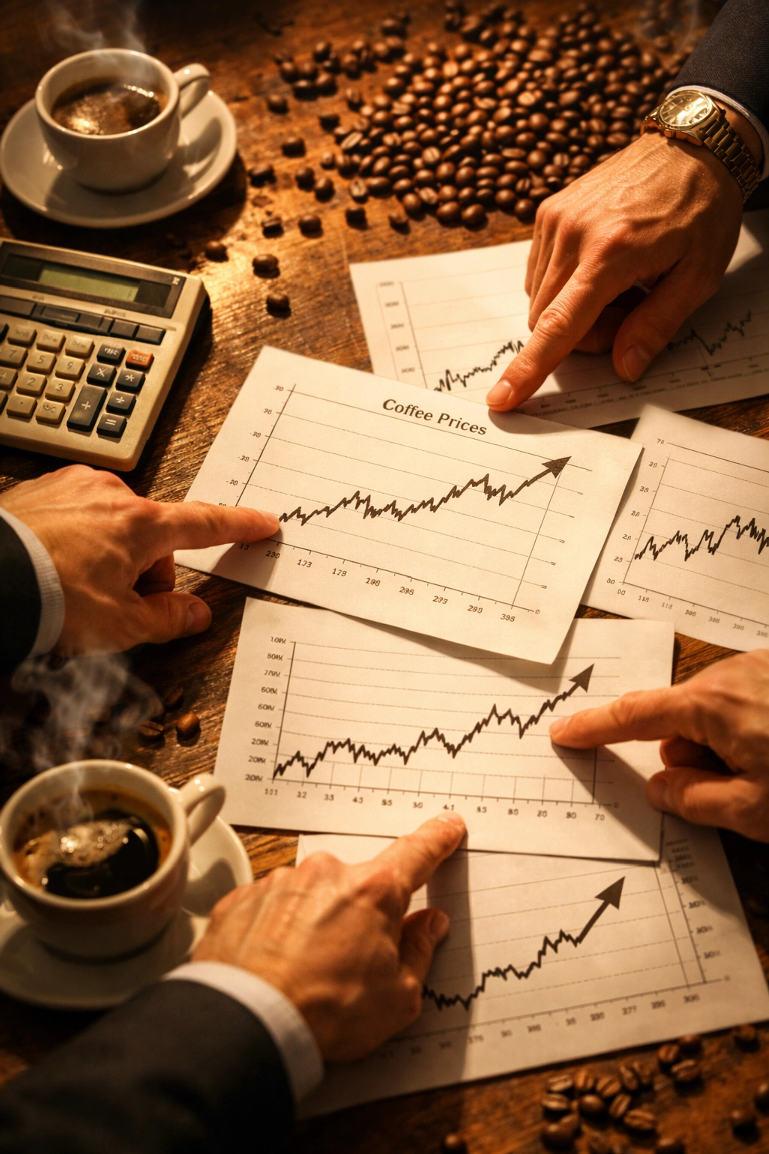 Coffee commodity price charts with arabica and robusta market data on trading floor