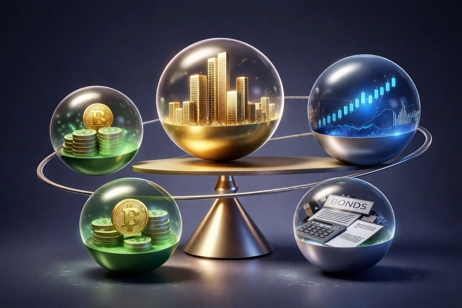 Balanced investment portfolio visualization with real estate, stocks, crypto, and bonds illustrating diversification strategies