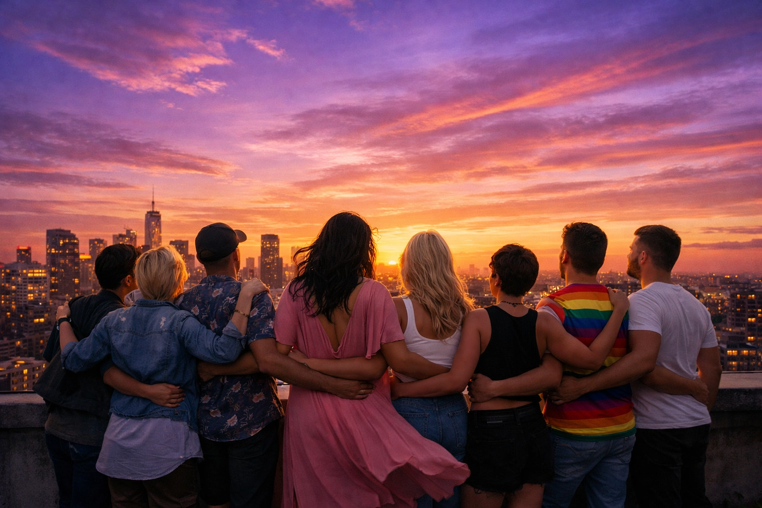 LGBTQ+ friends looking at a sunset city skyline, representing the future of queer storytelling.