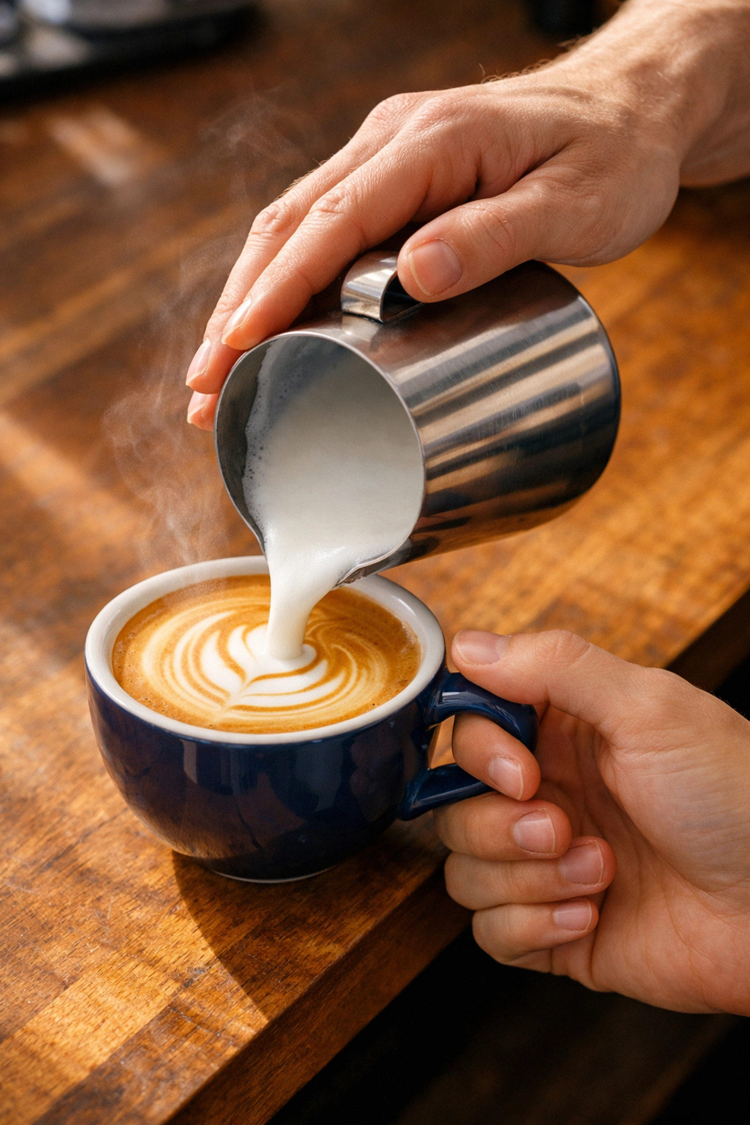 Barista mentor teaching a student how to pour latte art in a blue ceramic cup at a wooden coffee bar.