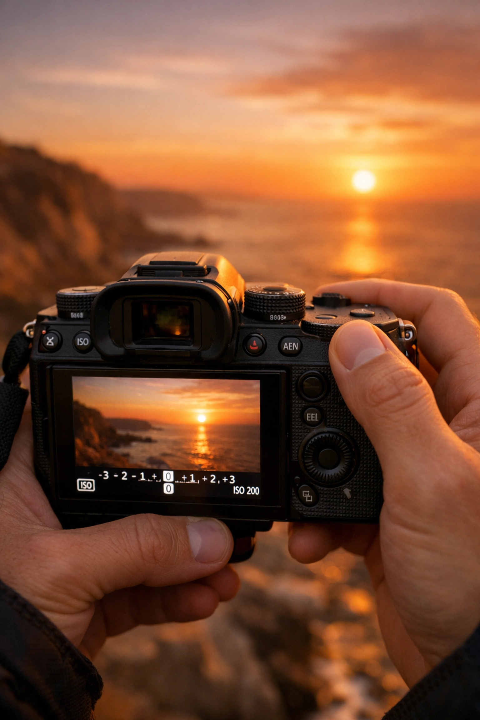 Photographer adjusting exposure settings on a mirrorless camera during the golden hour.