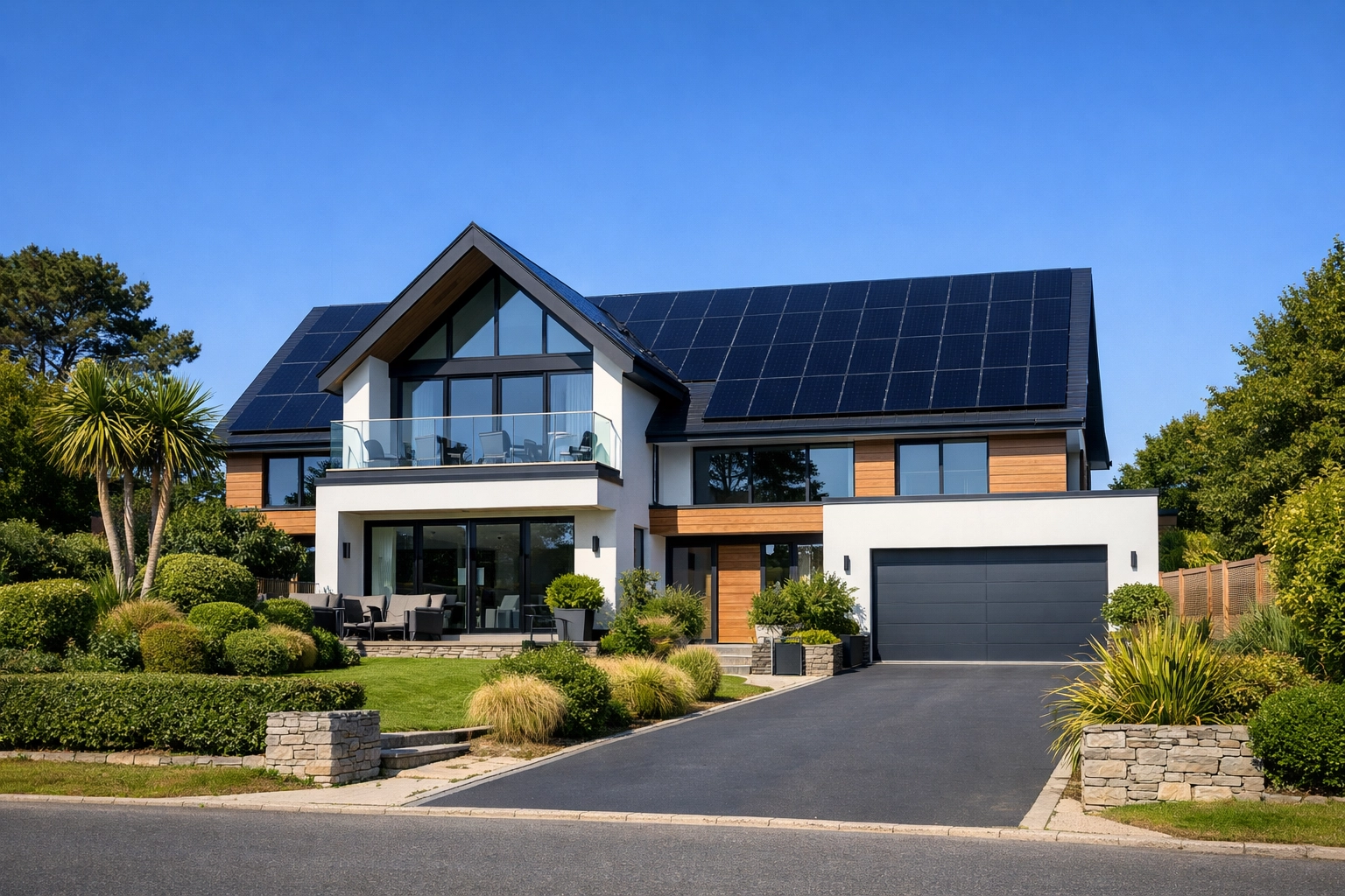 Modern house in Poole with high-efficiency black solar panels installed for energy cost savings.