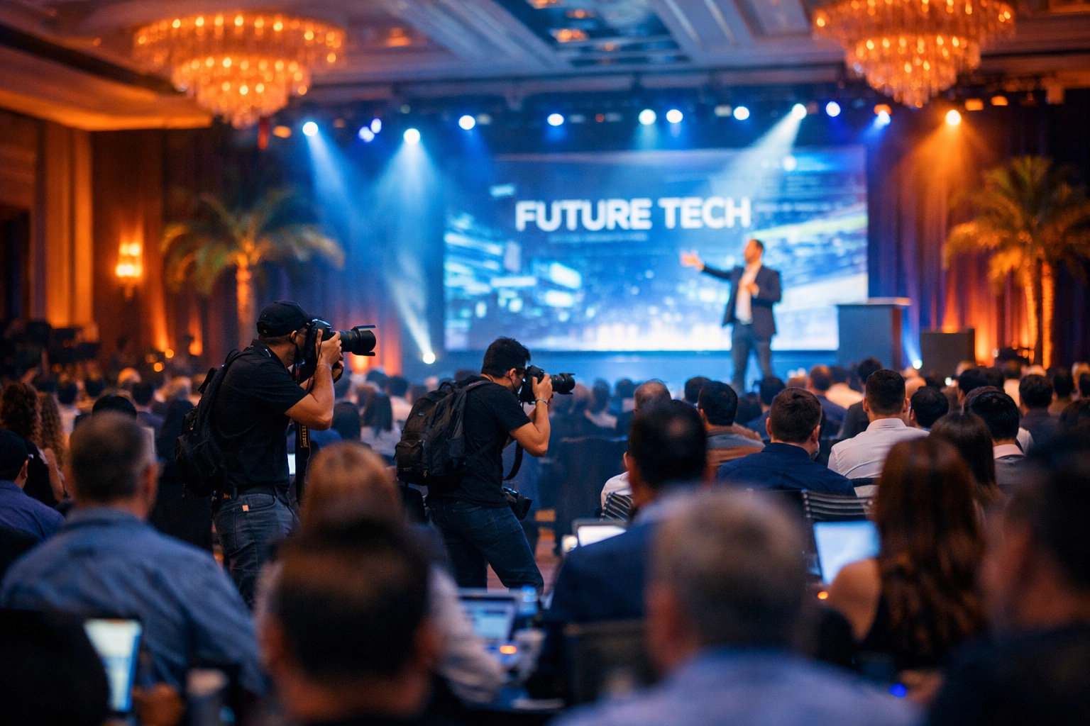 Professional event photography capturing a high-energy corporate tech conference in a luxury Miami ballroom.