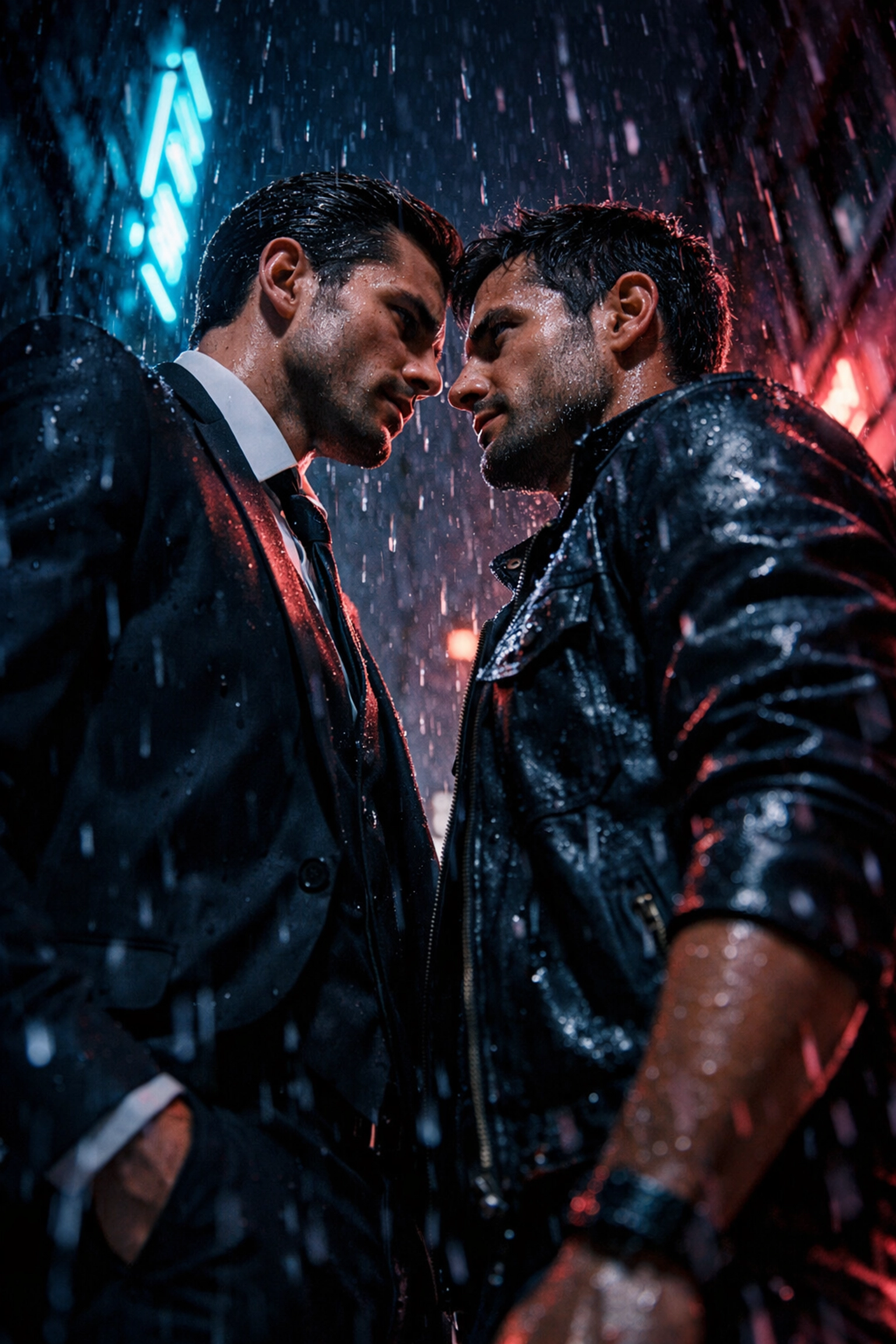 Two men sharing intense romantic tension in a city alley, showcasing the enemies to lovers MM romance trope.