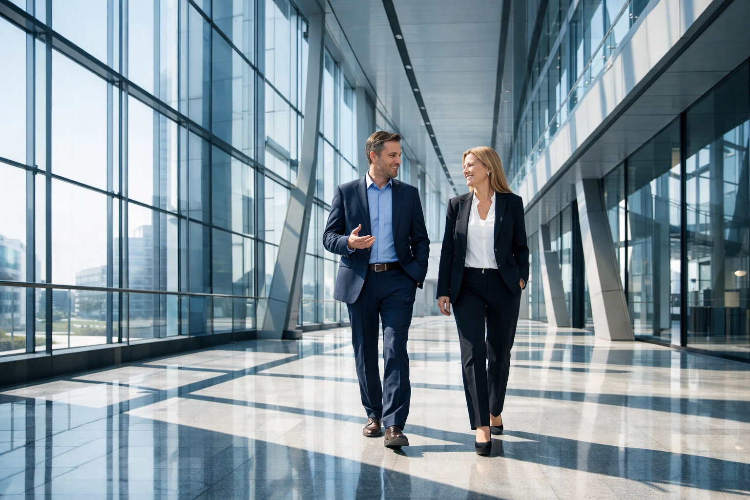 Business consultant and client discussing long-term strategy to build customer loyalty in a modern atrium.