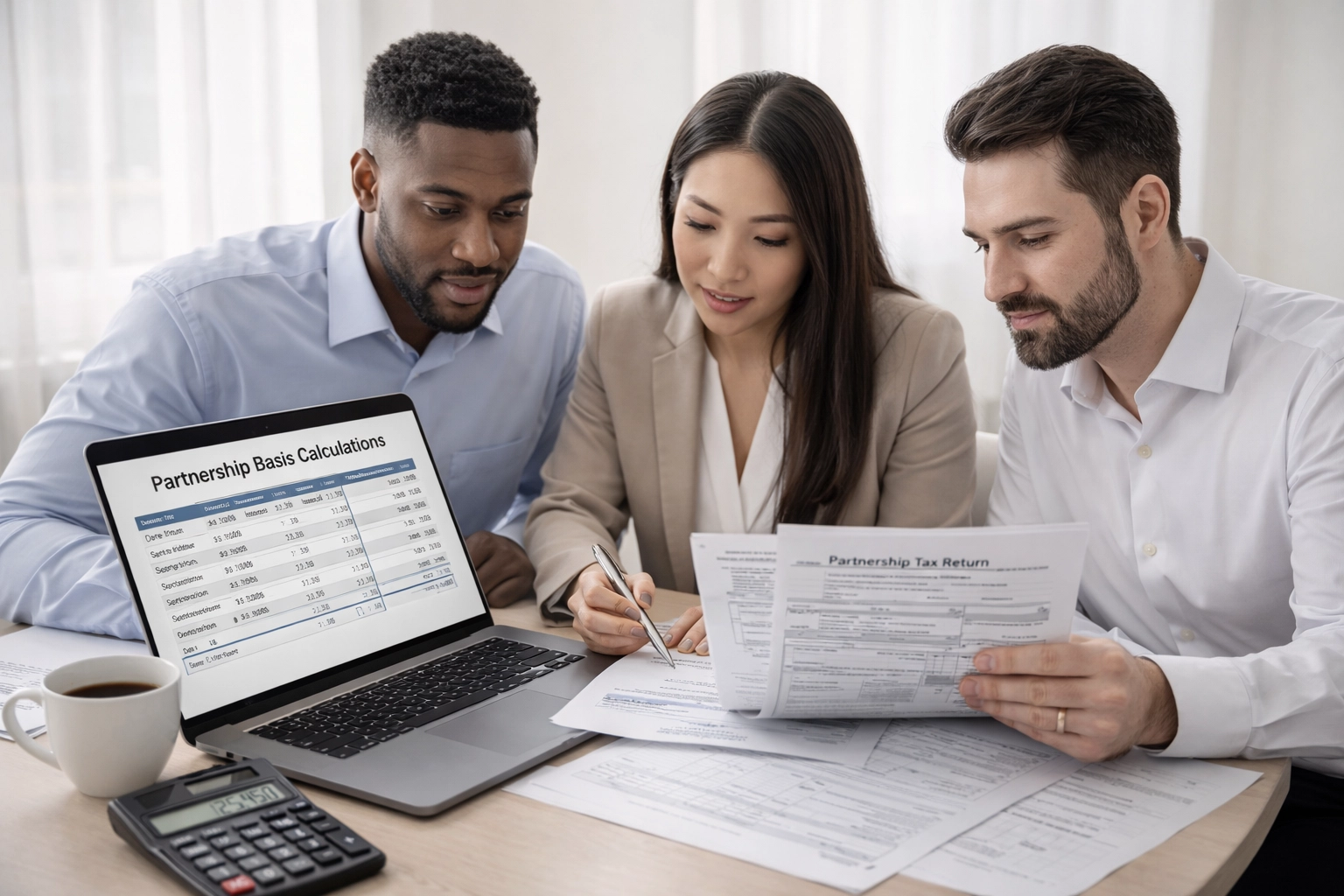 Partnership tax documents with calculator showing financial basis calculations