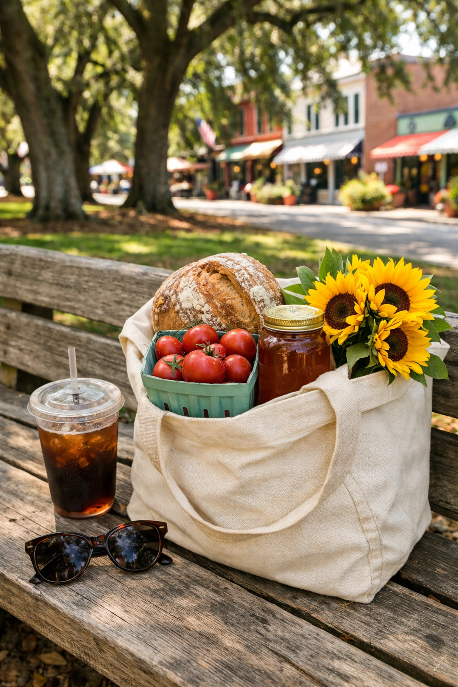 Fresh sourdough bread, local honey, and tomatoes in a tote bag from the Summerville Farmers Market haul.