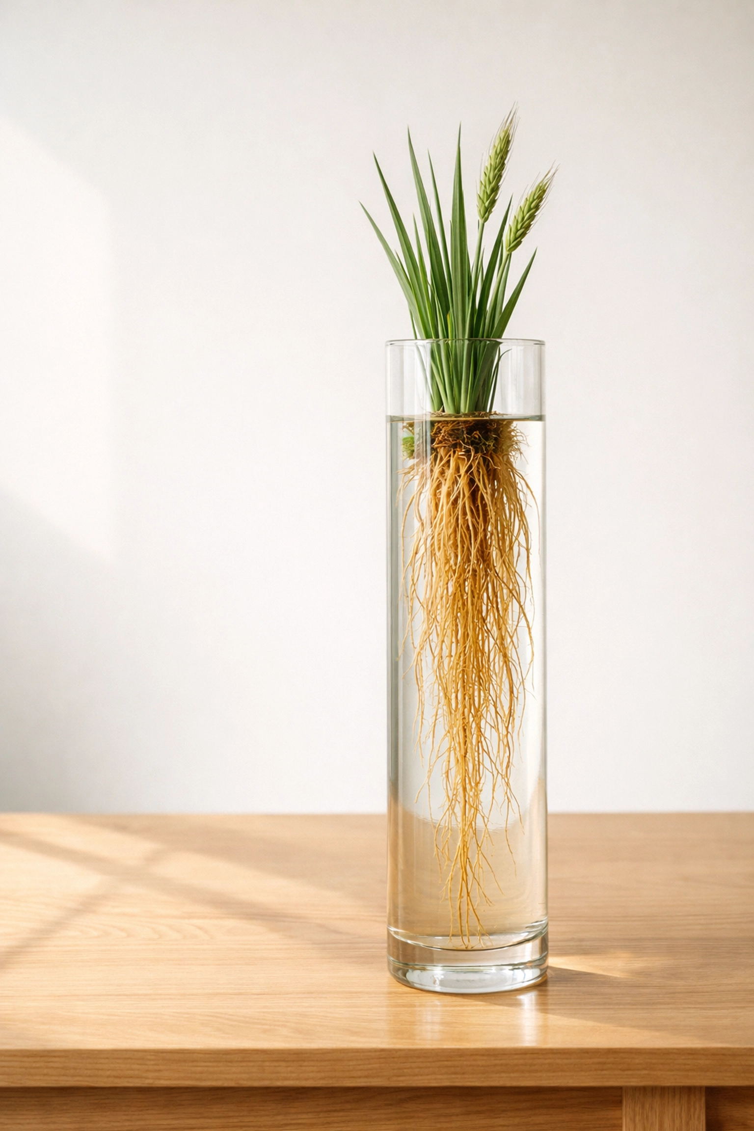 Kernza perennial grain plant in a glass vase showing its characteristic deep sustainable roots.